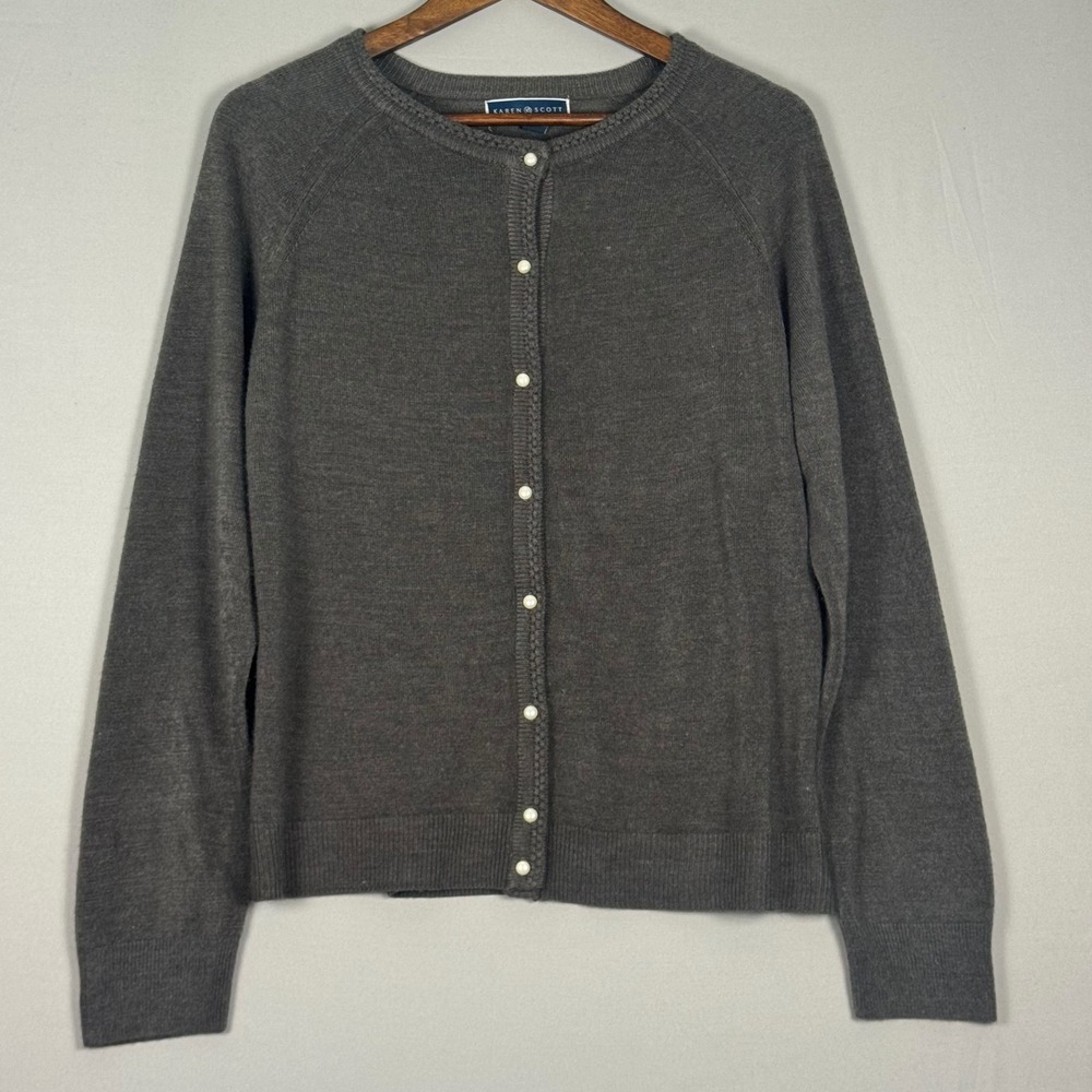 Karen Scott Cardigan Sweater Women XL Gray NWOT Pearl Button Long Sleeve Knit
